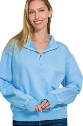 Zenana F/terry Pigment Dye & Enzyme Washing Half Zip Top DEEP SKY OutfitFlow
