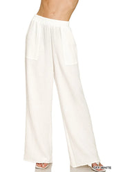 Zenana Double Gauze Elastic Band Pants OFF WHITE OutfitFlow