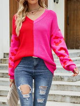 Color Block Leopard V-Neck Sweater Hot Pink OutfitFlow