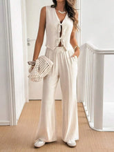 V Neck Sleeveless Top and Pants Set Beige OutfitFlow