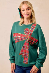 BiBi Plaid Ribbon Bow Detail Christmas Fleece Pullover GREEN RED PLAID OutfitFlow