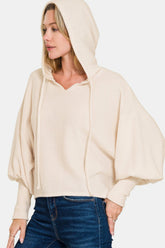 Zenana Brushed Hacci Drop Shoulder Cropped Hoodie Sand Beige OutfitFlow