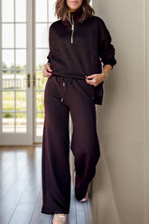Half Zip Turtleneck Long Sleeve Top and Pants Set Black OutfitFlow