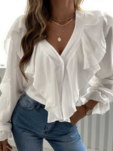 Full Size Ruffled V-Neck Button Down Flounce Sleeve Blouse White OutfitFlow