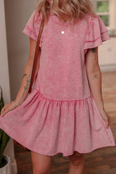 Mineral Wash Raw Edge Ruffle Mini Dress Dusty Pink OutfitFlow
