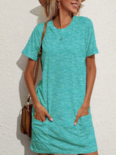 Pocketed Round Neck Short Sleeve Mini Tee Dress Teal OutfitFlow