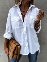 Button Up Roll-Tab Sleeve Shirt White OutfitFlow