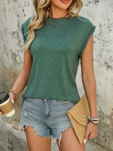 Perfee Round Neck Cap Sleeve T-Shirt Dark Green OutfitFlow