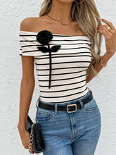 Perfee Striped Off-Shoulder Short Sleeve T-Shirt White OutfitFlow
