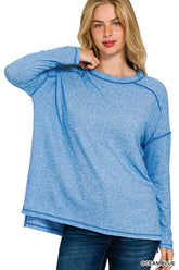 Zenana Full Size Melange Hacci Exposed Seam Hi-low Tee Plus Size OCEAN BLUE OutfitFlow