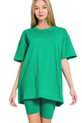 Zenana Cotton Round Neck Top & Biker Shorts K GREEN OutfitFlow