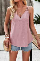 Devine Eyelet V-Neck Double Strap Cami Pink Purple OutfitFlow