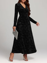 Rose Print V-Neck Long Sleeve Dress Black OutfitFlow