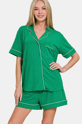 Zenana Button Down Short Sleeve Top and Shorts Lounge Set K Green OutfitFlow
