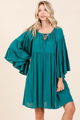 Mittoshop Frill Tie Neck Bell Sleeve Dress Teal Green OutfitFlow