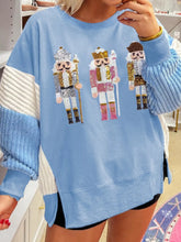 Christmas Sequin Nutcracker Textured Sleeve Patchwork Color Block Sweatshirt Light Blue OutfitFlow