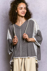 POL Short Sleeve Hoodie Top with Lace Detail GREY OutfitFlow