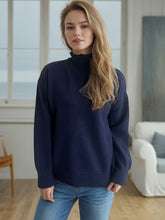 Turtleneck Dropped Shoulder Long Sleeve Sweater Dark Blue One Size OutfitFlow
