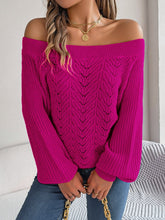Openwork Off-Shoulder Long Sleeve Sweater Cerise OutfitFlow