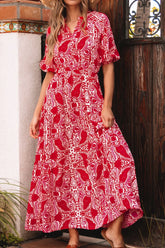 Paisley Print Side Slit Puff Sleeve High Waist Maxi Dress Red OutfitFlow
