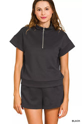 Zenana Scuba High Neck Half Zip Top and Dolphin Shorts Set BLACK OutfitFlow