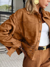 Solid Color Faux Suede Hollowed Detail Retro Style Jacket Caramel Trendsi