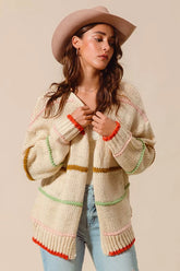 SO ME Loose Fit Multi Stripe Open Front Cardigan OATMEAL OutfitFlow