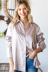 First Love Full Size Ditsy Dot Button Down Collared Satin Shirt Sand OutfitFlow
