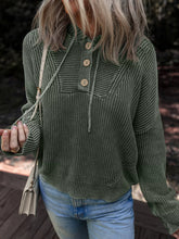 Mineral Wash Ribbed Knit Button Drawstring Neck Hooded Sweater Army Green OutfitFlow