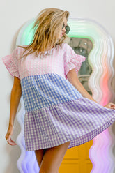 BiBi Plaid Color Block Tiered Top Blush Blue Lavender OutfitFlow