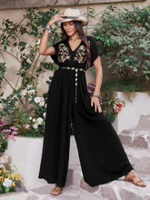 Embroidered Ruched Short Sleeve Jumpsuit Black OutfitFlow