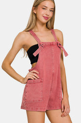 Zenana Washed Knot Strap Rompers CABERNET OutfitFlow