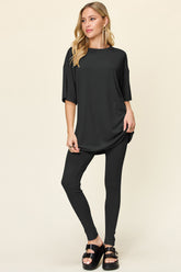 Double Take Full Size Round Neck Dropped Shoulder T-Shirt and Leggings Set Black OutfitFlow