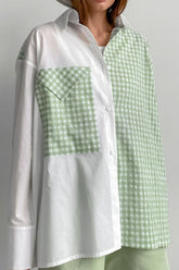 Two-Tone Plaid Button Down Long Sleeve Shirt Gum Leaf OutfitFlow