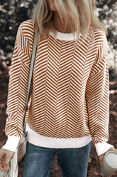 Striped Round Neck Long Sleeve Sweater Camel OutfitFlow