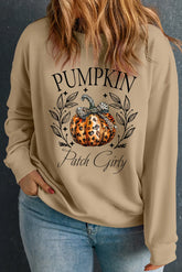 Plus Size Pumpkin Graphic Long Sleeve Sweatshirt Khaki OutfitFlow