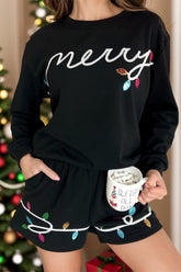 MERRY Sequin Round Neck Long Sleeve Top and Shorts Set Black OutfitFlow