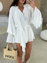 Bell Sleeve Tie Waist Mini Shirt Dress White OutfitFlow