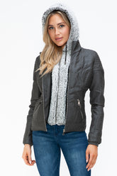 YMI Faux Layered Double-Zipper Jacket with Fuzzy Hood Charcoal OutfitFlow
