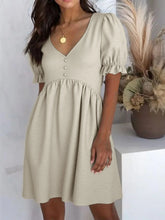 Puff Sleeve Babydoll Mini Dress Beige OutfitFlow