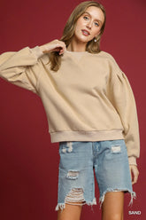 Umgee Round Neck Sweatshirt with Pleated Detail SAND OutfitFlow