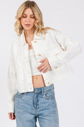 bytos Button Down Cropped Denim Jacket with Patch Pockets White OutfitFlow