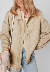 Exposed Seam Collared Neck Button Up Jackets Beige OutfitFlow