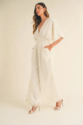 MABLE Fluffy Deep V Neck Wide Leg Jumpsuit Cream OutfitFlow