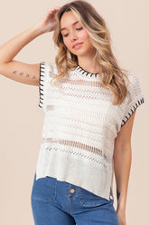 BiBi Stitch Edge Pointelle Side Slit Sweater Vest Ivory Black OutfitFlow