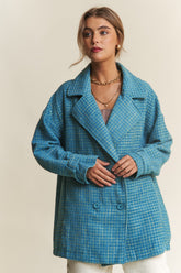 J.NNA Tweed Double-Breasted Long Sleeve Coat Emerald Sea OutfitFlow