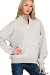 Zenana Fleece Half Zip Sweatshirt R H GREY OutfitFlow