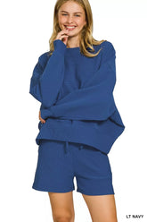 Zenana Ribbed Round Neck Pullover and Shorts Set LT NAVY OutfitFlow