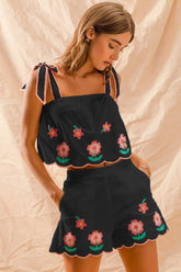 SO ME Flower Embroidered Tank Top and Shorts Set BLACK OutfitFlow