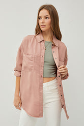 RISEN Full Size Button Up Long Sleeve Denim Shirt Mauve OutfitFlow